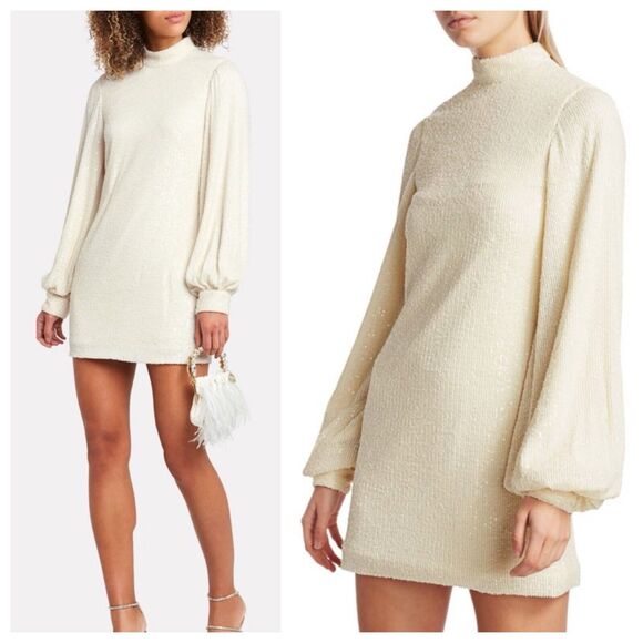 Alexis Lunia Ivory Sequin Puff Sleeve Mini Dress XS Bridal Cocktail Holiday - Picture 1 of 10